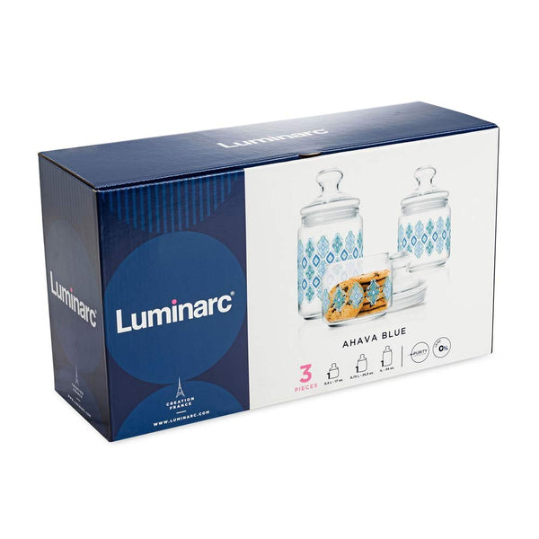 Luminarc 3pcs Decorative Ahava Blue Jar Set - (large, Medium & Small size jars)
